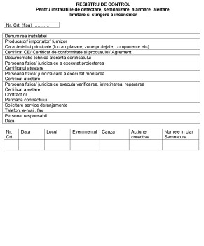 Registrul de control al instalaţiilor de semnalizare, alarmare, alertare, limitare şi stingere a incendiilor